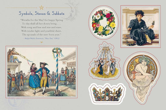 Sticker page spread with circular and rectangular cutout art of wreaths, figures, and symbols