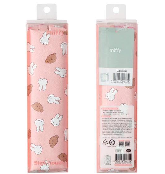 Pink Miffy stick pouch in retail packaging with repeating bunny face pattern