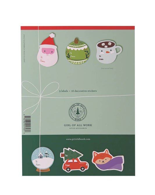 Holiday gift sticker sheet with ornaments, hat, teapot, and fox dog stickers