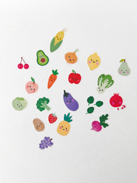 Assorted fruit and vegetable washi stickers, mixed shapes on backing