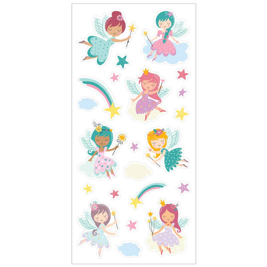 Scratch-and-sniff fairy sticker sheet with winged girls, rainbows, stars, and cloud shapes.