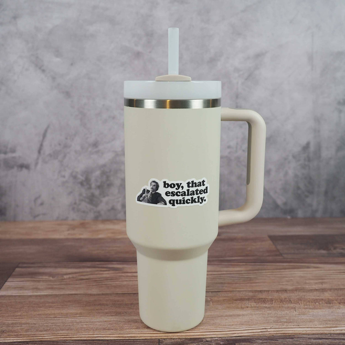Boy escalated quickly quote sticker on white travel tumbler