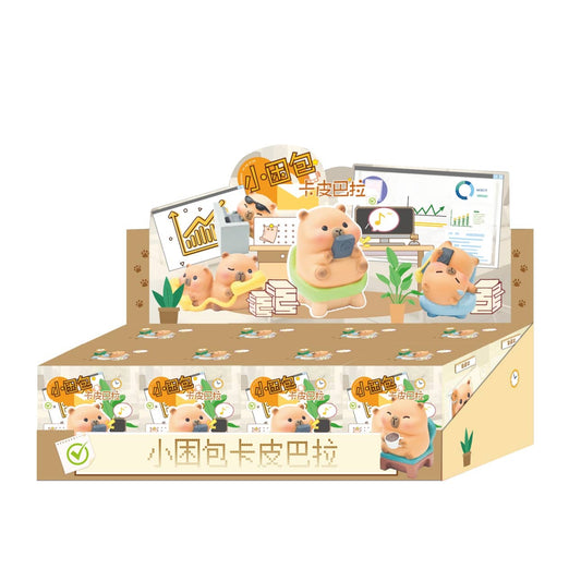 Capybara blind box packaging box with illustrated capybara characters and accessories