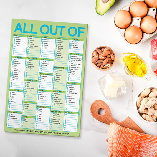 All Out Of Pad® with Magnet checklist pad, pastel green and blue item checkboxes grid