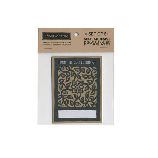 Leafy bookplate sticker set of 6 in clear pack, dark leaf design and blank label