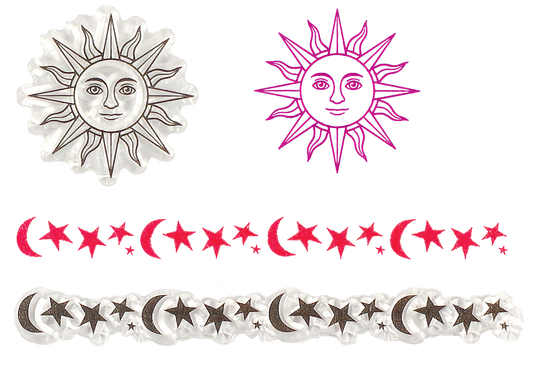 Clear celestial stamps featuring sun face, star banner, and crescent moon shapes