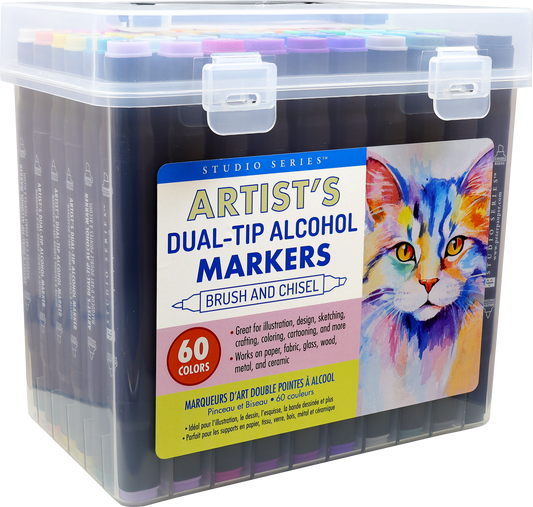 Dual-tip alcohol marker set with clear organizer case and 60-color label card