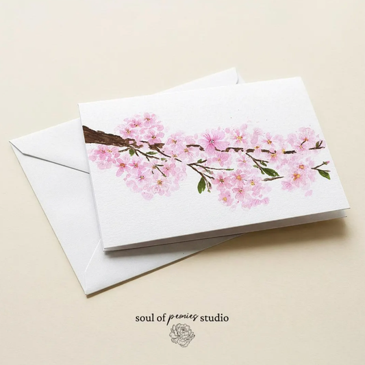 Cherry Blossom Greeting Card, Blank Watercolor Card