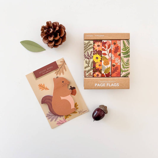 Squirrel-shaped sticky note sheets with brown squirrel and autumn leaf artwork