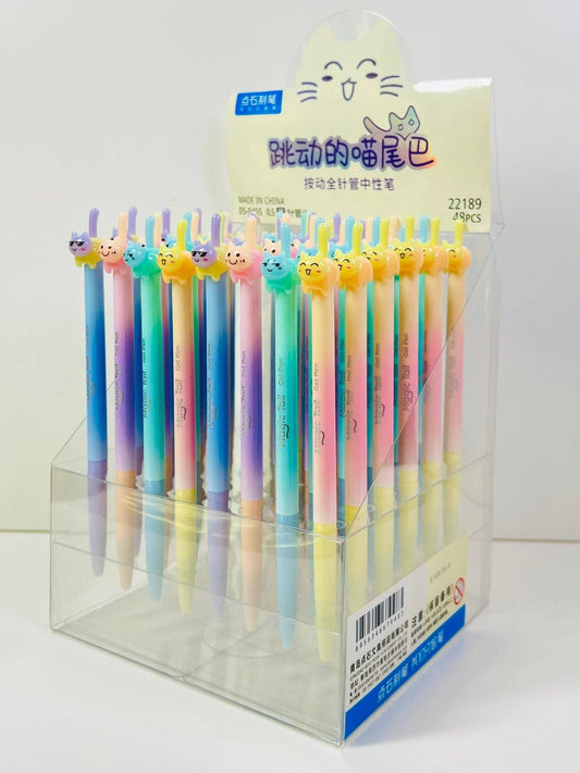Assorted cat-tail gel pen set displayed in a clear box, multiple pastel pen colors