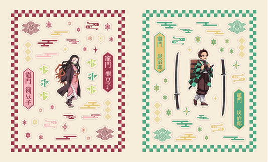 Two sticker sheets with anime character figures, swords, and star and cloud icons