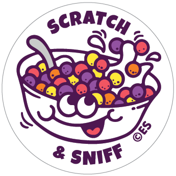 Round 'Scratch & Sniff' sticker with candy-filled bowl illustration