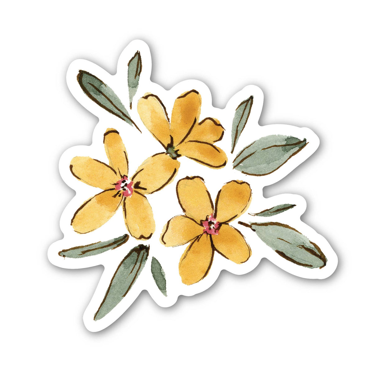 Yellow watercolor flower vinyl waterproof sticker with green leaves, die-cut outline