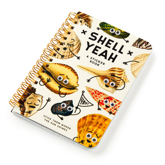 Shell Yeah sticker book cover, featuring sea creatures and spiral metal binding