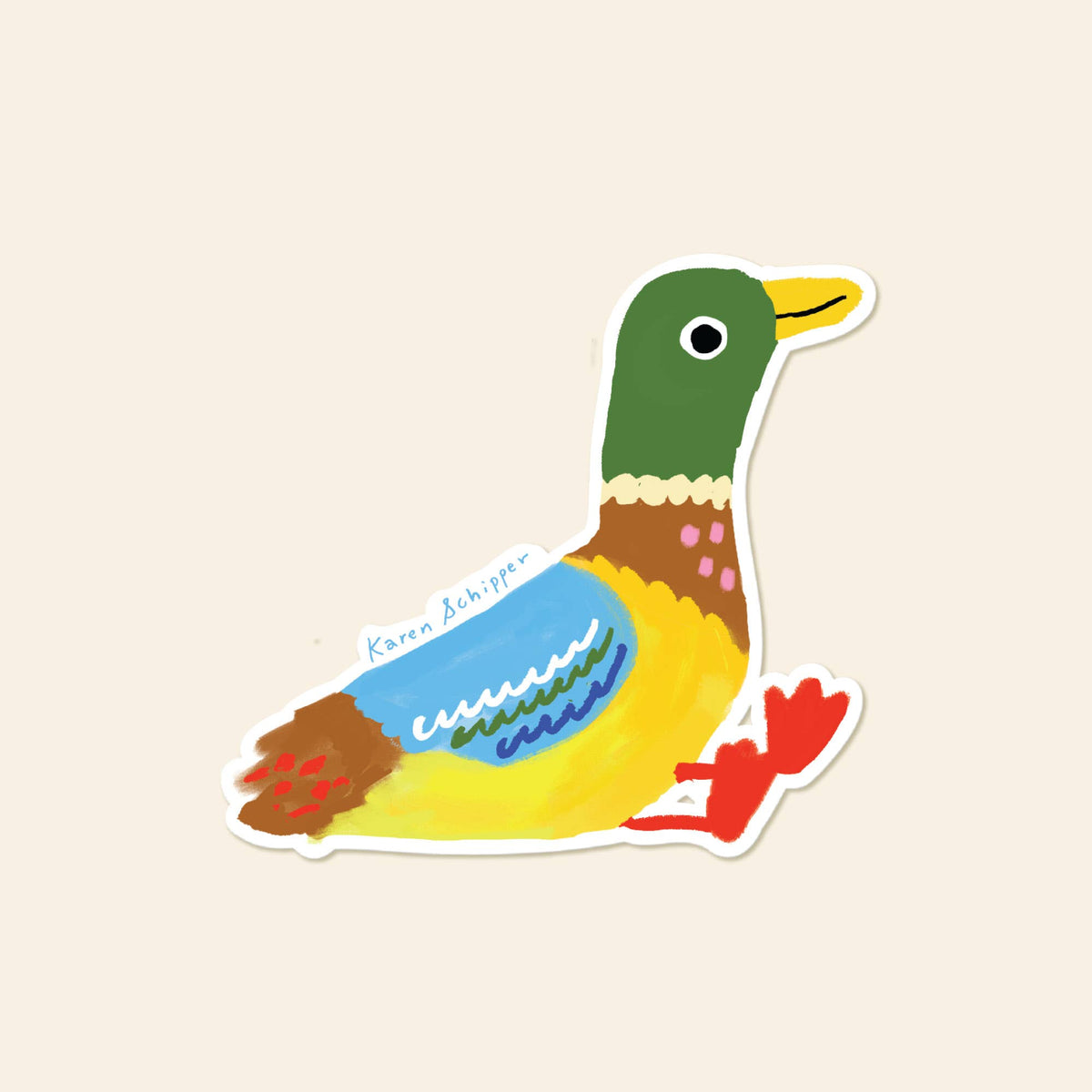 Mallard duck vinyl sticker with green head, yellow bill, colorful body, and red feet
