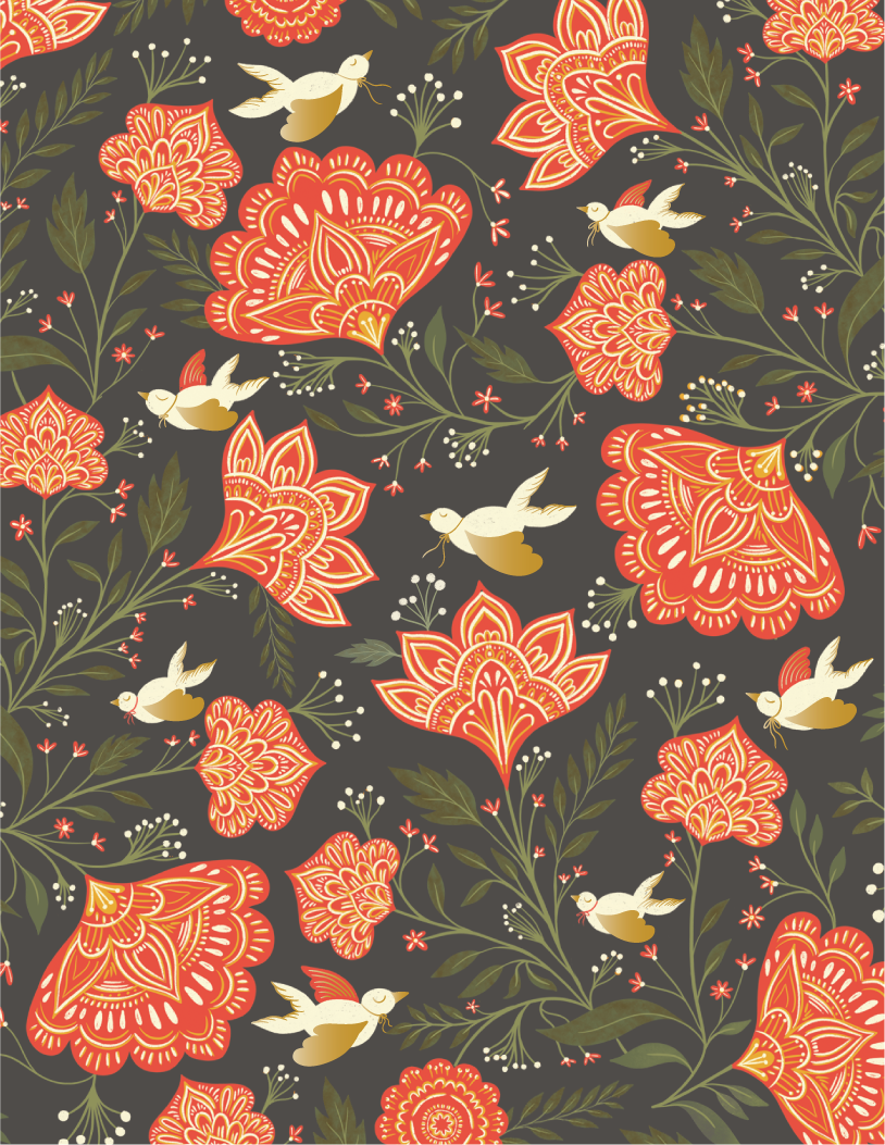 Card design featuring red flowers, white doves, and leafy vines on a dark background.