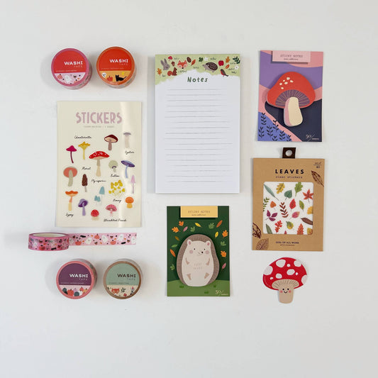 Die-cut sticky notes set featuring a hedgehog-shaped sticky pad and round sticker rolls