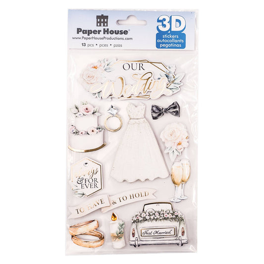 Our Wedding 3D sticker pack featuring dress, bow, rings, flowers, and cake