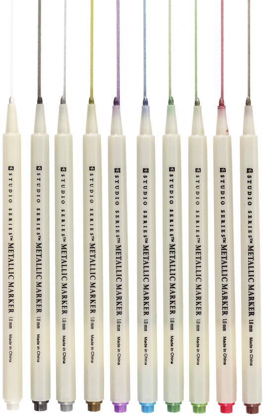 Assorted metallic markers, 10 pack, colored barrels with fine tips