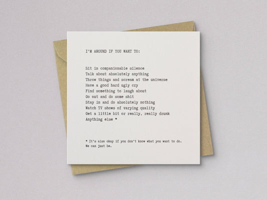 Sympathy greeting card with verse text, white card stacked over brown kraft envelope