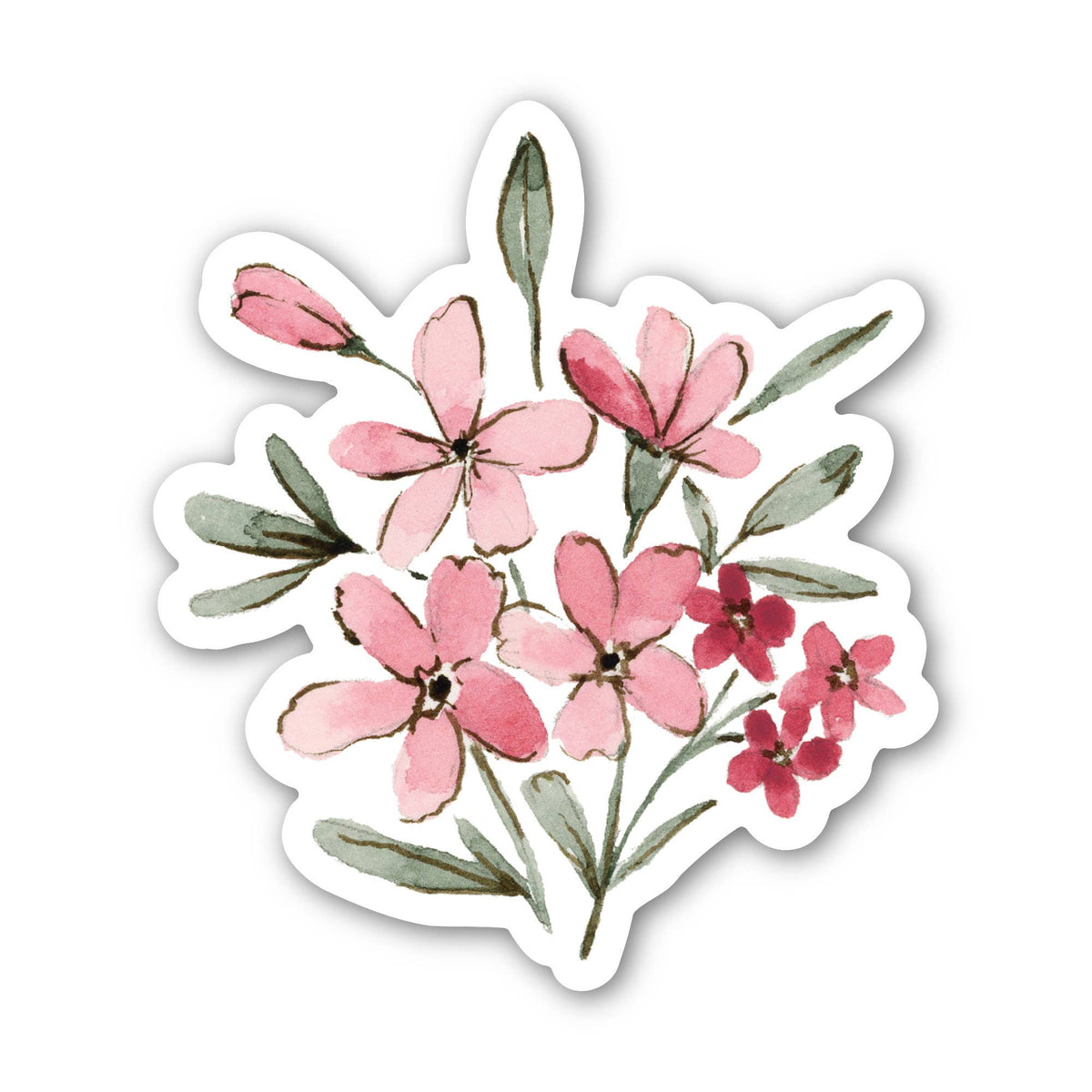 Pink watercolor flower vinyl waterproof sticker with pink blossoms and green leaves