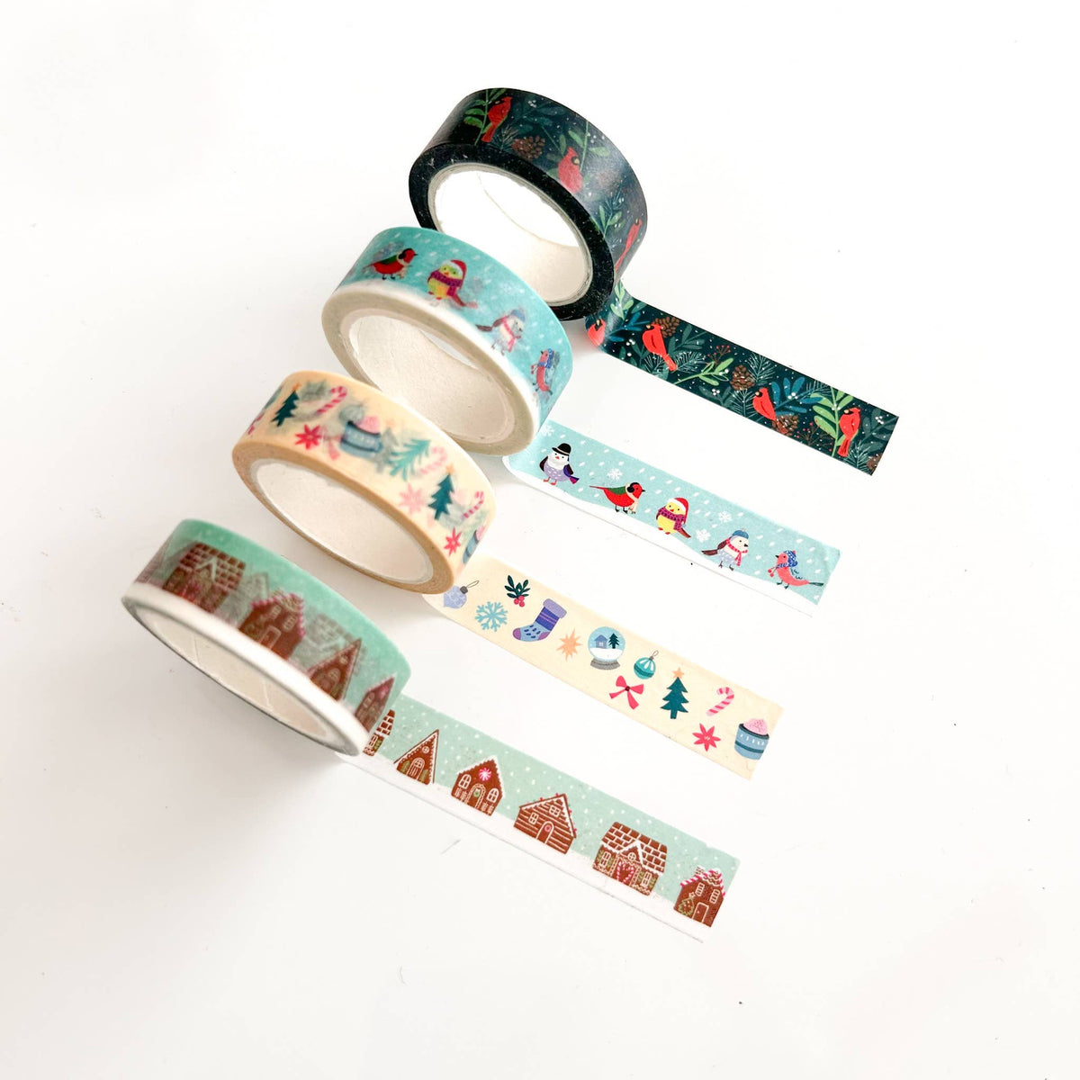 Washi tape set with winter characters, trees, and house designs in pale colors