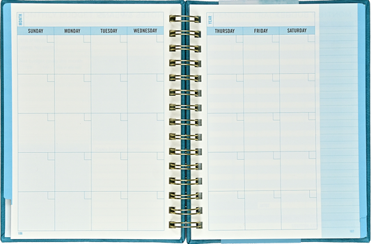 Budget planner open to monthly calendar week grid pages with spiral binding