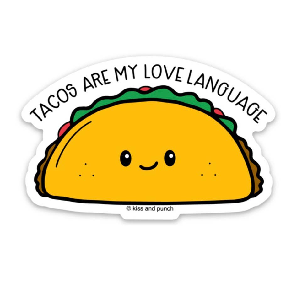 Diecut vinyl taco sticker: yellow taco, green lettuce, and 'TACOS ARE MY LOVE LANGUAGE' text