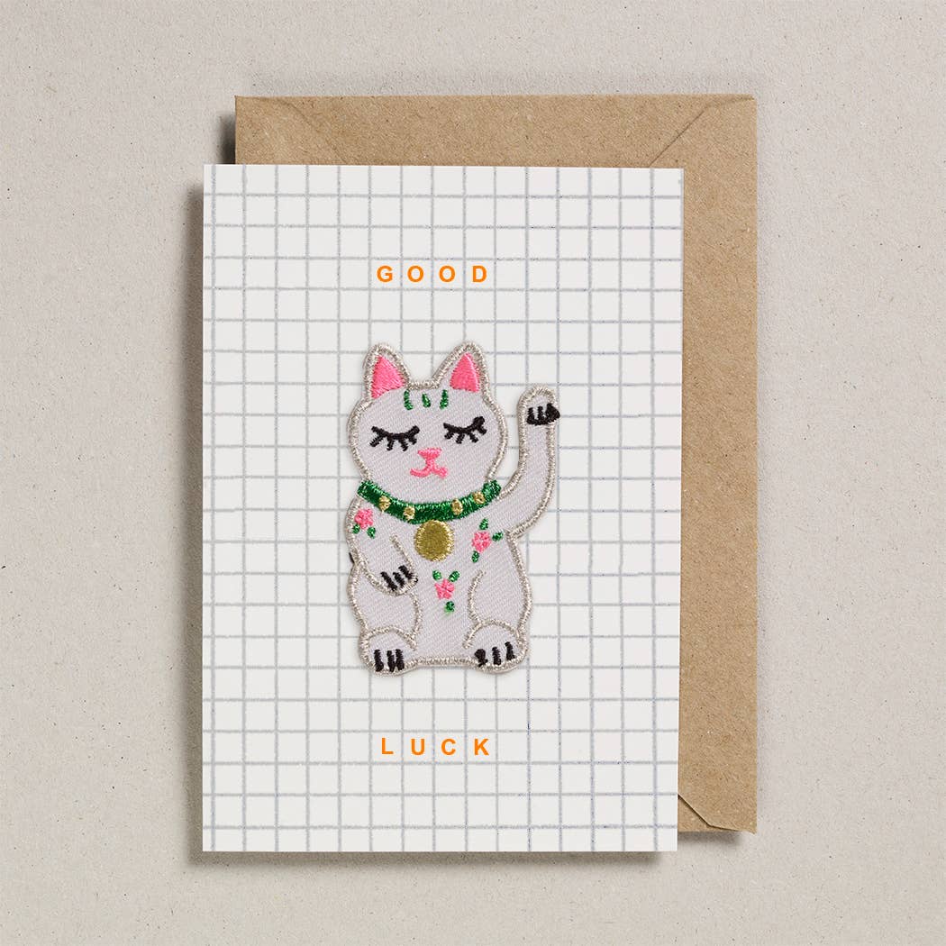 'Good Luck' Lucky Cat Iron On Patch Good Luck Card