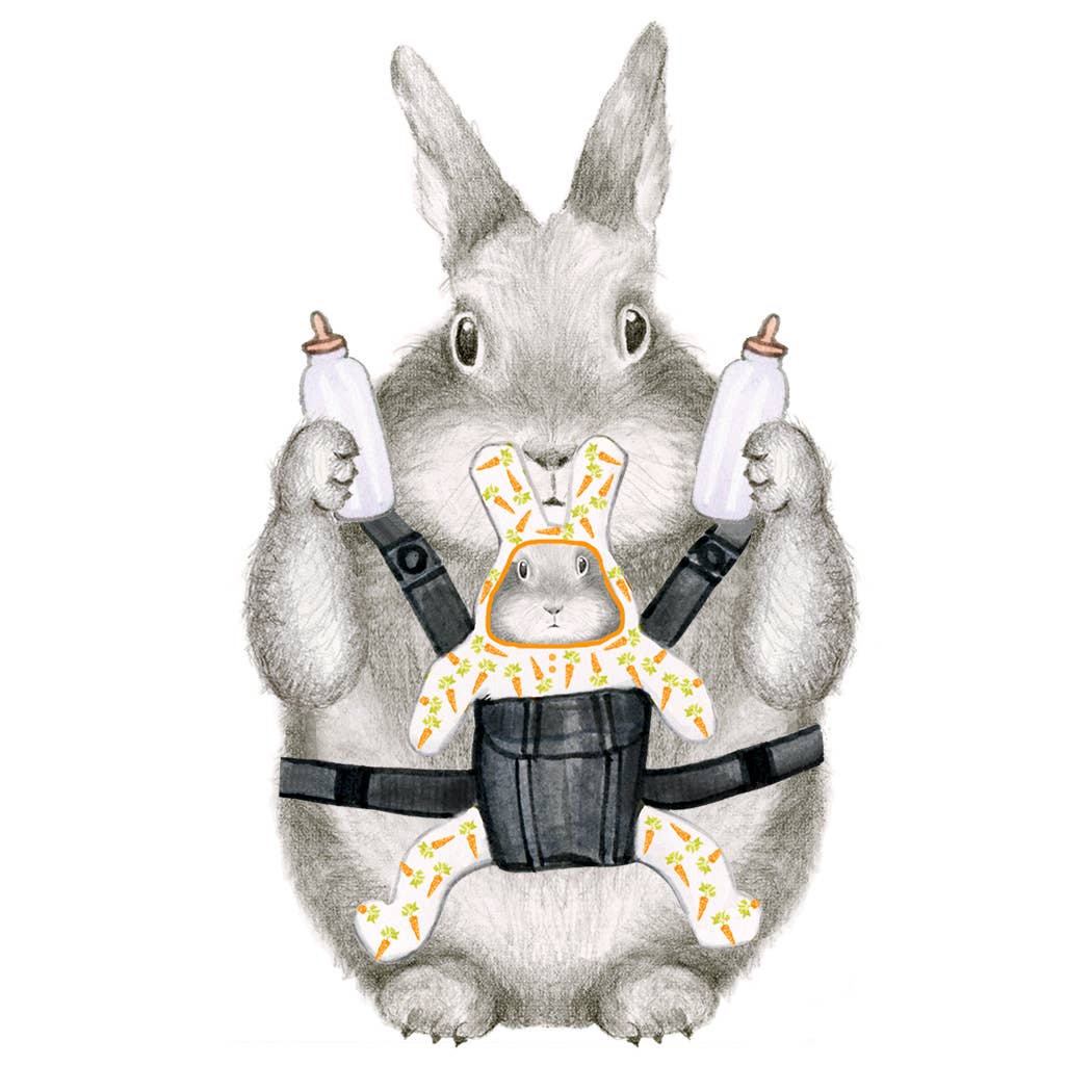 Gray bunny parent greeting card in overalls holding baby bottles with baby rabbit