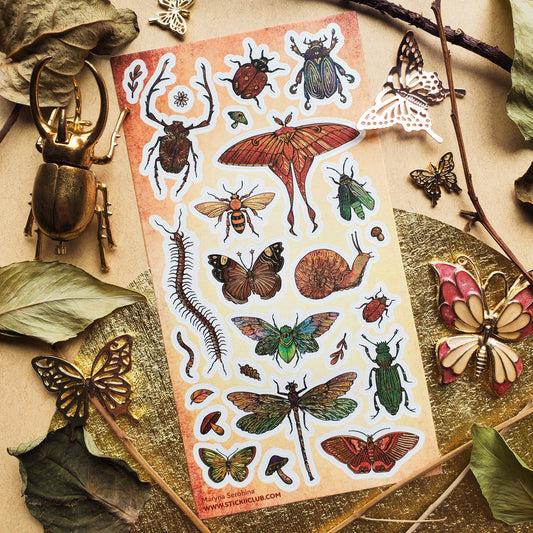 Winged & Wild sticker sheet featuring butterflies, beetles, and dragonflies in a nature-themed layout