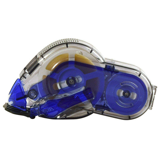 Blue glue tape dispenser with clear casing and dual tape reels, front angle