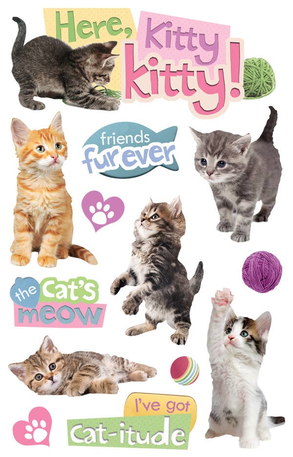 Dimensional cat sticker sheet with multiple kitten figures and paw icons