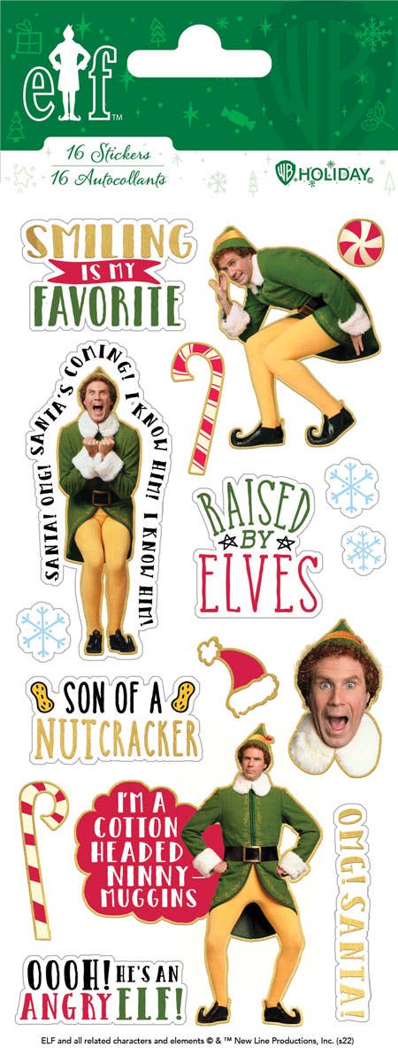 Elf-themed decorative sticker sheet with cartoon elf figures and funny holiday phrases