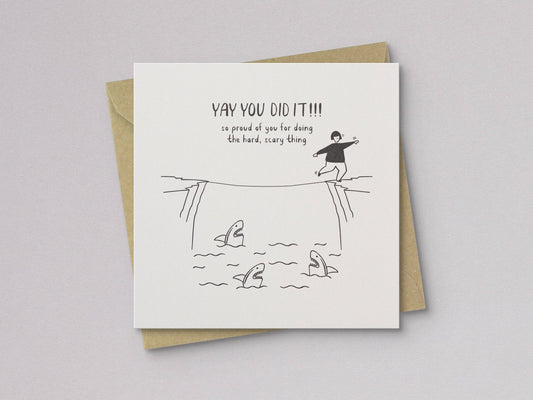 Encouragement greeting card with letterpress “YAY YOU DID IT!!!!” runner scene over kraft