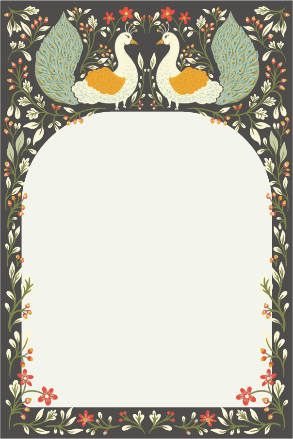 Floral notepad with a blank writing area framed by swans, peacock feathers, and flowers