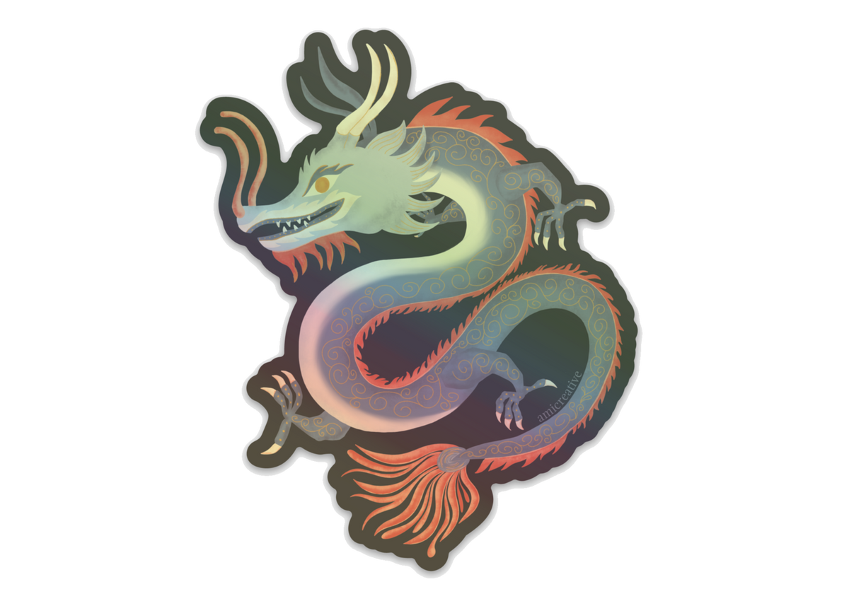 Holographic vinyl dragon sticker with curled body, horns, scales, and orange accents