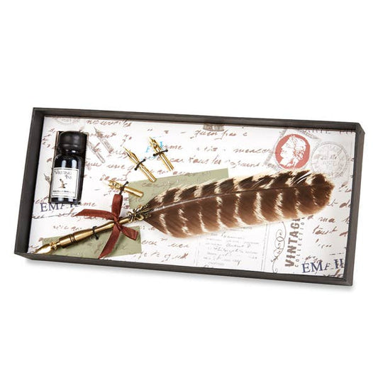 Feather nib pen set in box, metallic brown feather with brass nib pens and ink bottle