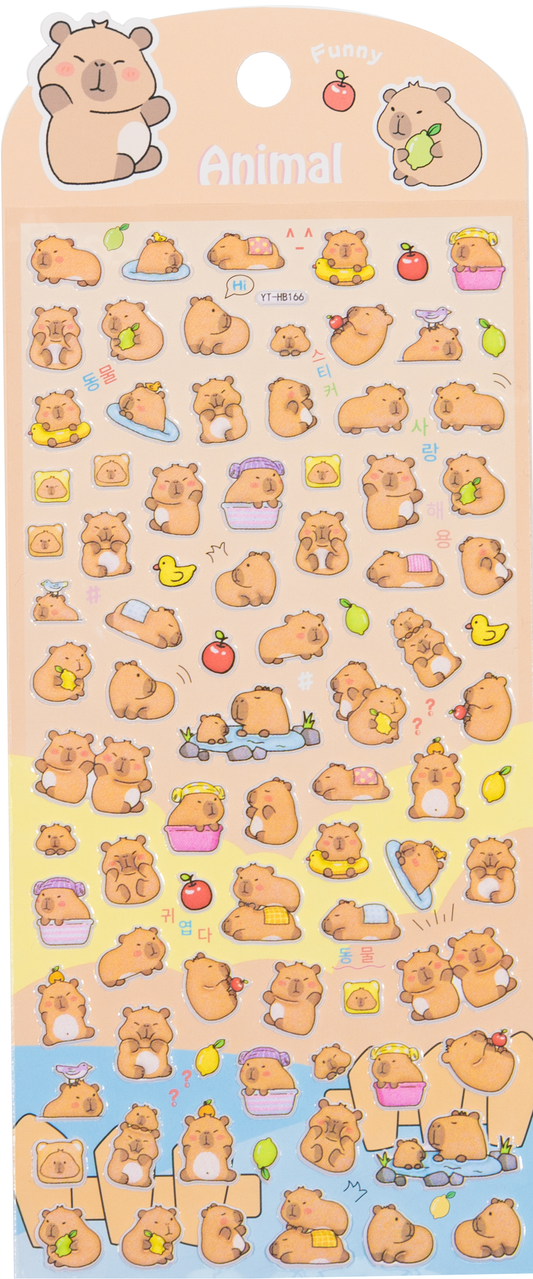 Animal sticker sheet with cartoon capybara characters and colorful accessories, including cherries
