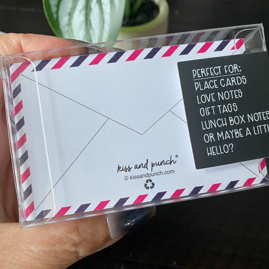 Notecard set: white mini cards with V line art and pink/black airmail border in sleeve