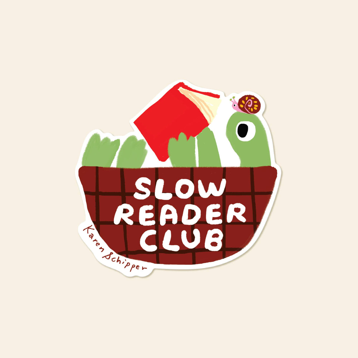 Vinyl book lover sticker with a green reader, red book, and “Slow Reader Club” text