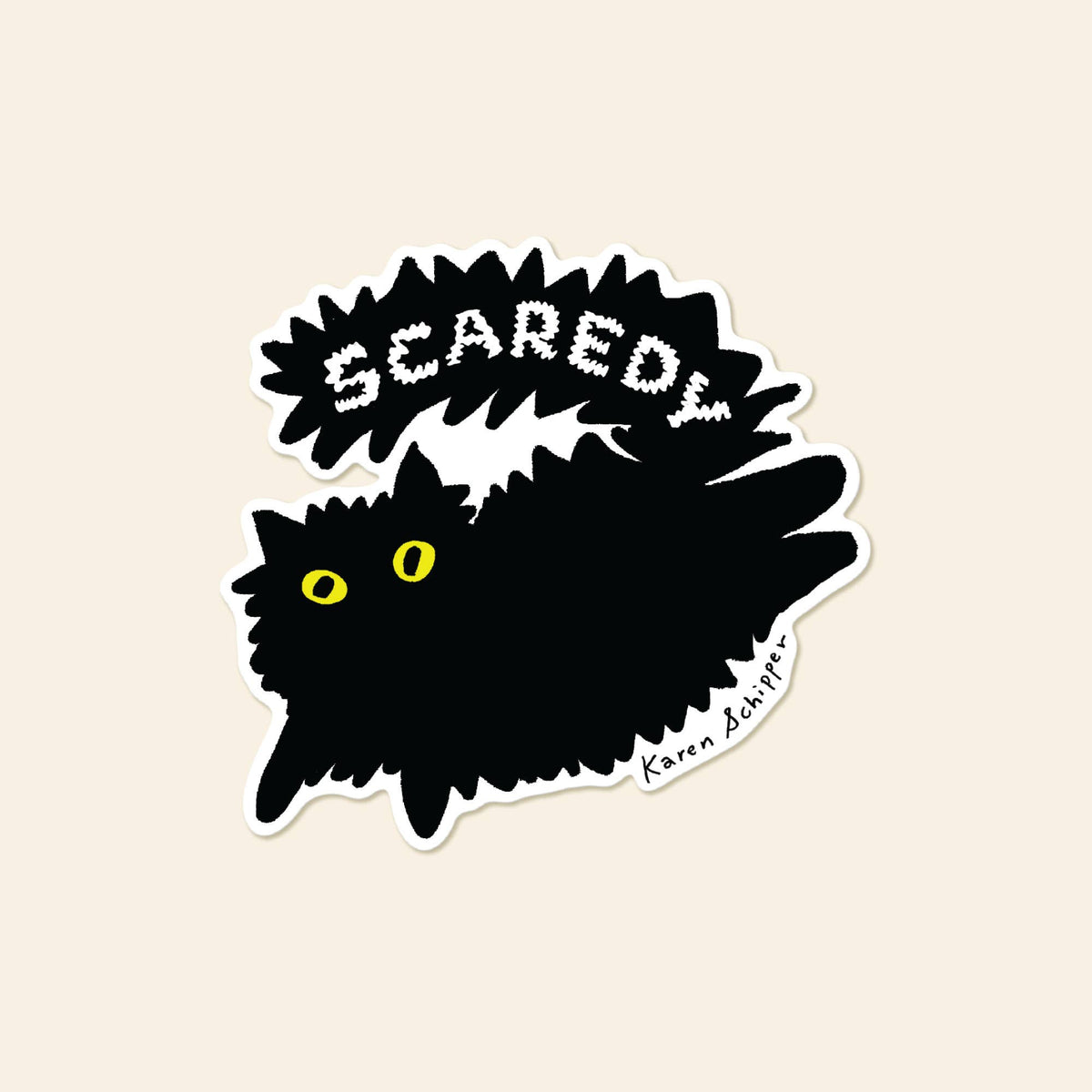 Black cat vinyl sticker with yellow eyes and “Scared” lettering