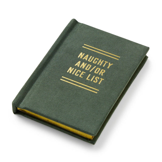 Dark green tiny diary with gold "Naughty and/or Nice List" on cover, angled view