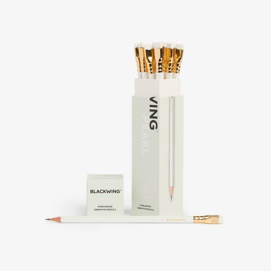 Blackwing Pearl pencil set with box and sharpened pencils, white barrels and gold caps