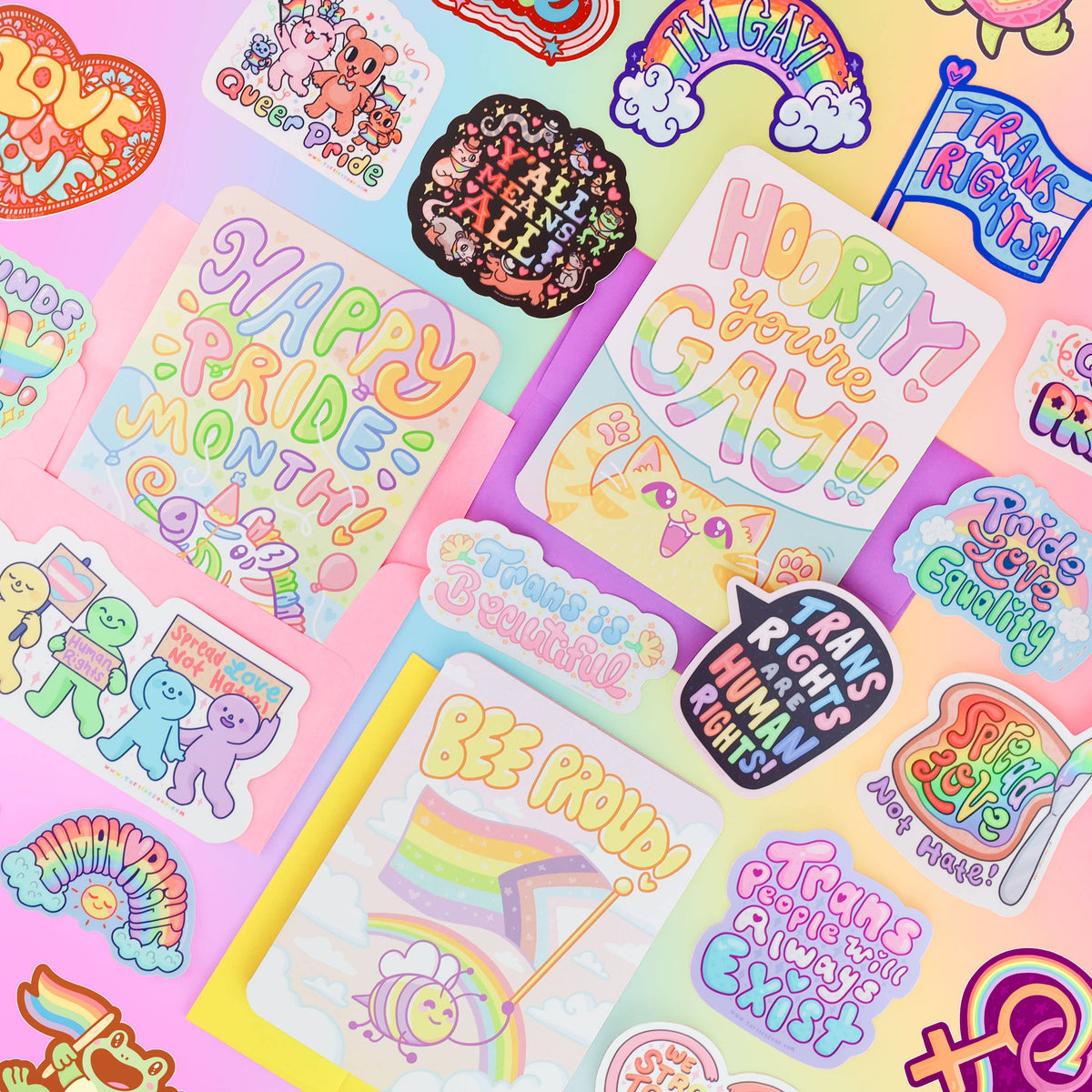Assorted LGBTQ pride vinyl sticker set with colorful character slogans and hearts