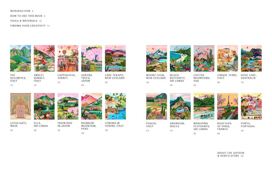 Paint-by-numbers Art Escapes guide page with small landscape thumbnails