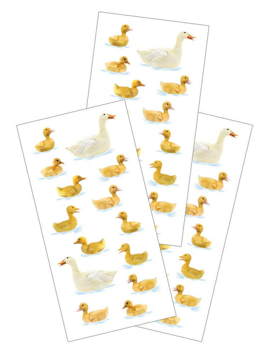 Set of duck swimming stickers on clear backing, white and yellow ducks in rows