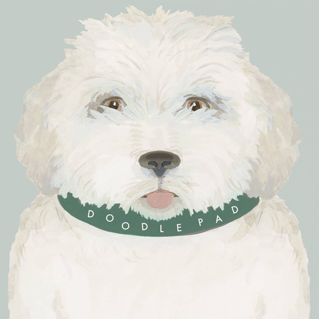 Dog face notepad cover with green "DOODLE PAW" band across the muzzle