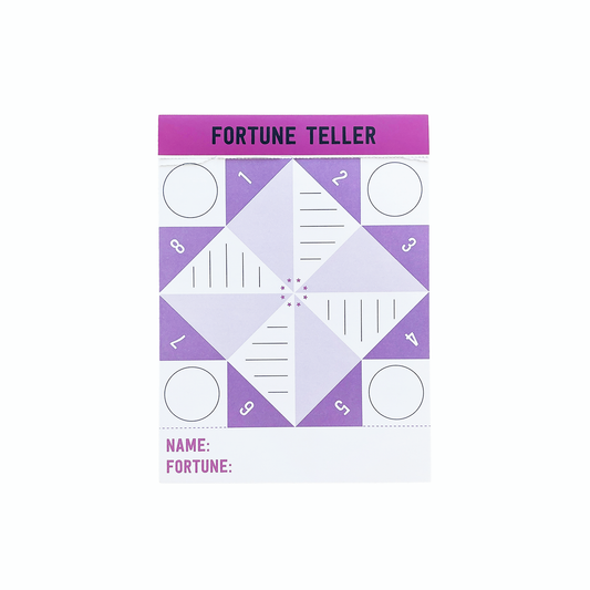 Purple and white fortune-teller pad with name field and numbered triangular layout