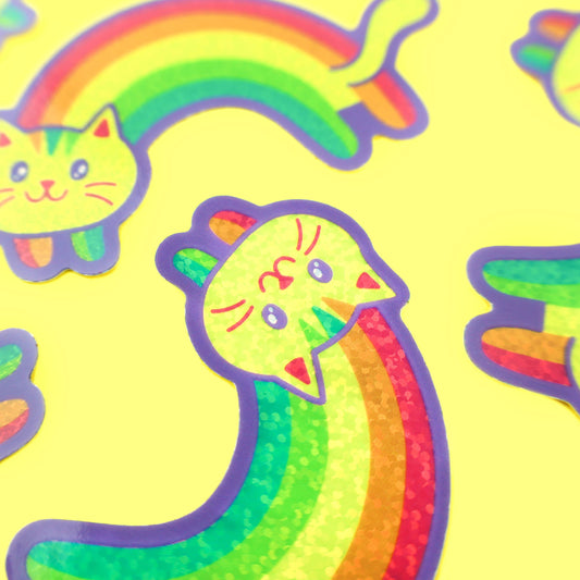 GLITTER Rainbow Cat Valentine's Day Vinyl Sticker